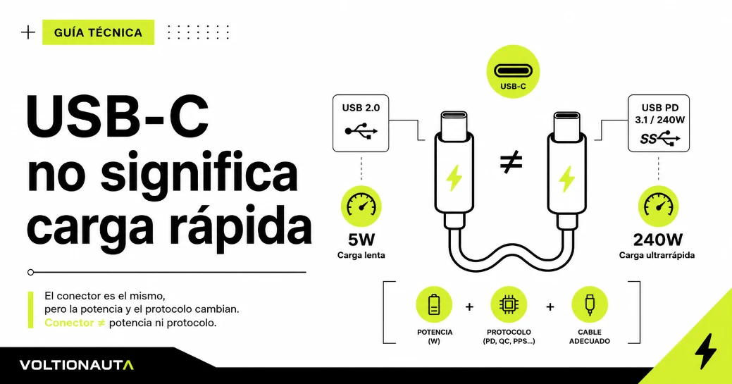 Infografia de USB-C no significa carga rapida-