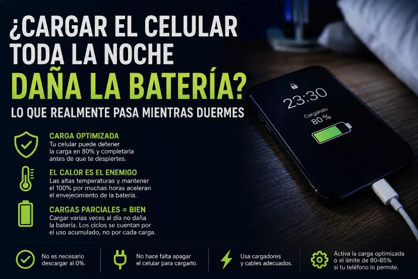 Infografia tecnica sobre si Cargar El Celular Toda La Noche Dana La Bateria