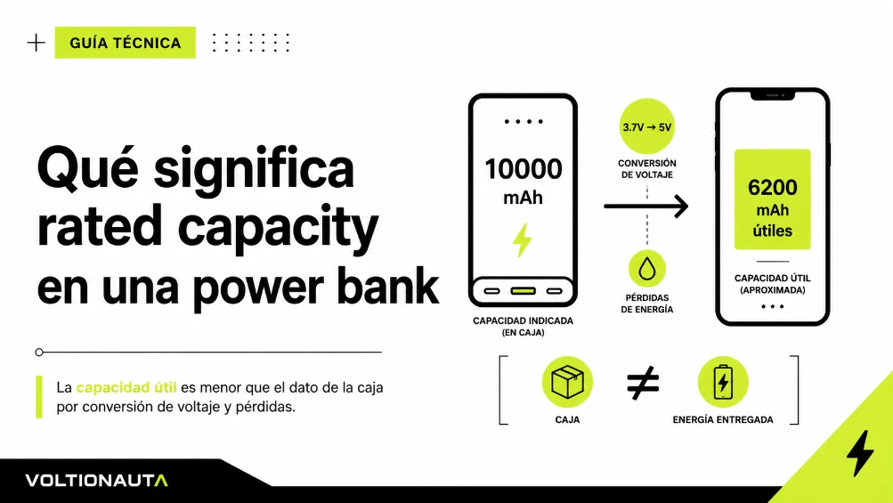 Infografia de que signica rated capacity en una power bank de voltionauta