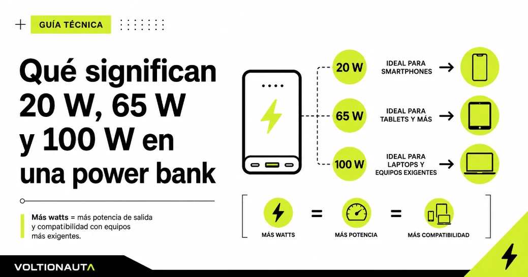 Infografia de que significan 20 w 65 w en una power bank de voltionauta